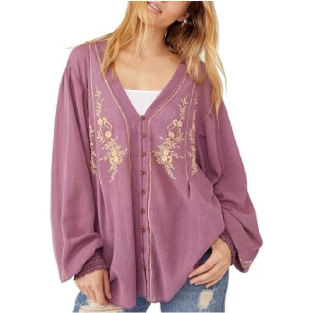 Free People Lilac Oversized Button Up Sweater V Neck Cotton Top Medium